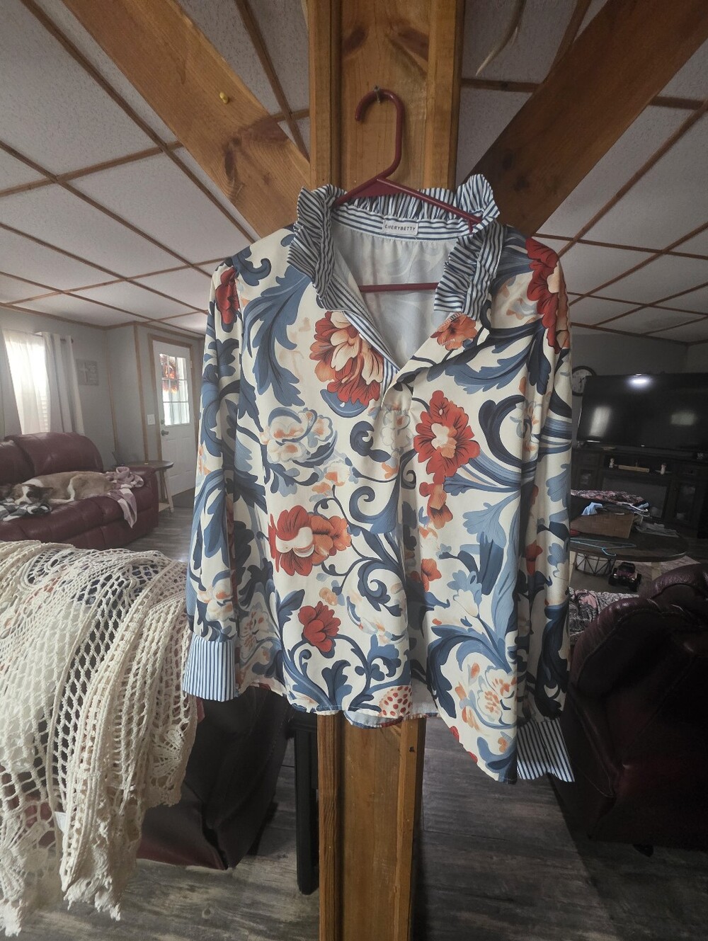 Striped-Collar Floral Blouse in Cream, Blue & Red - Women's